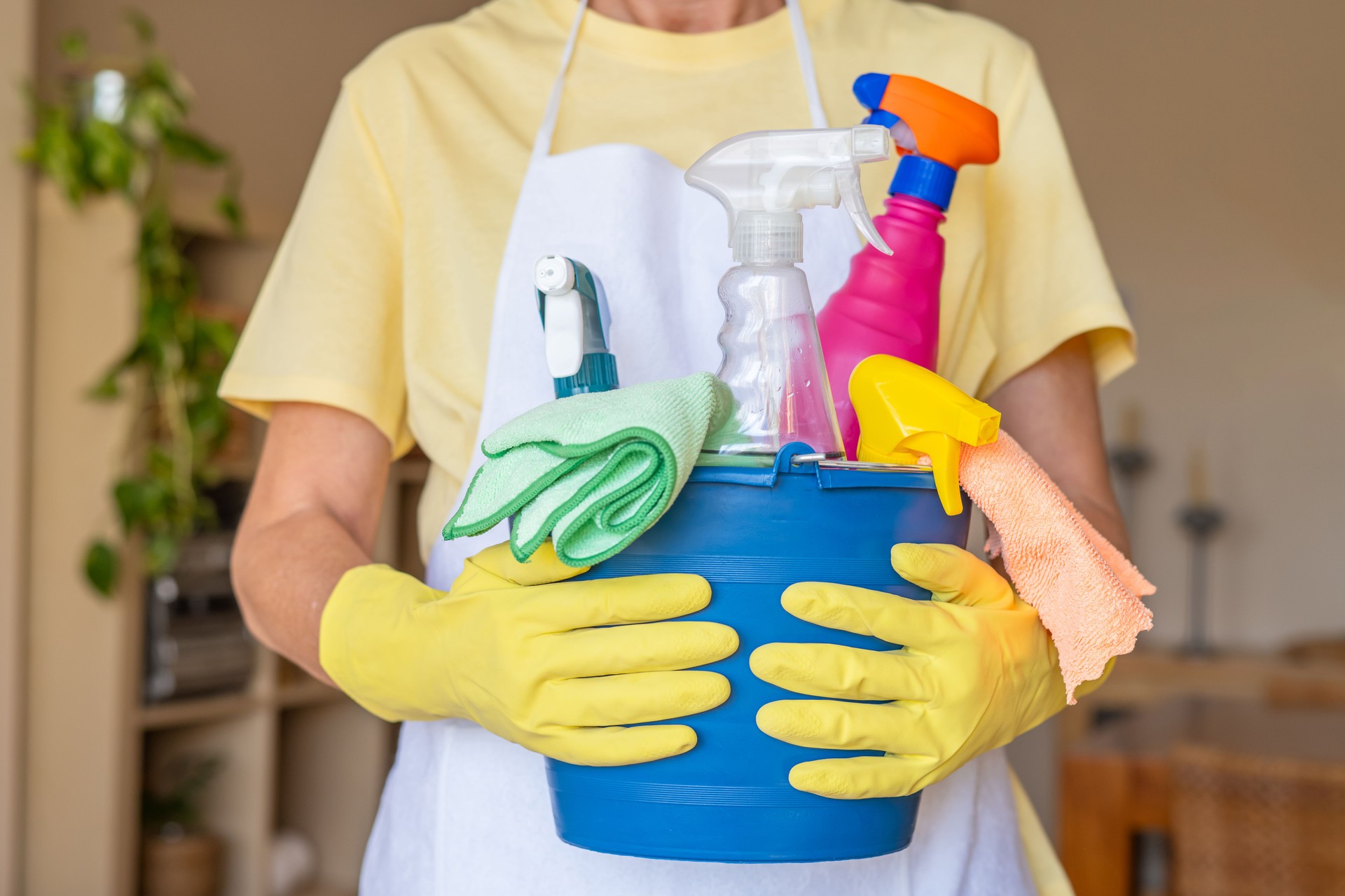 Detailed Close-Up Of Home Cleaning Service Worker Holding Bucket With Essential Cleaning Products And Spray Bottles, Ready For Efficient Household Maintenance And Surface Sanitization